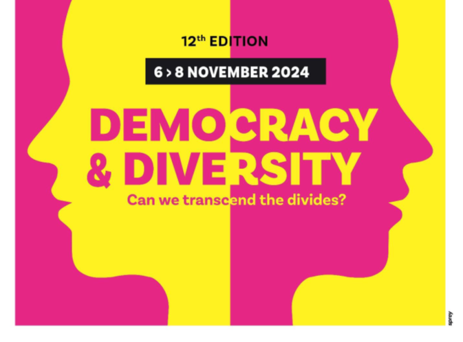 Logo of the World Forum 2024 with the title Democracy & Diversity - Can we transcend the divides?